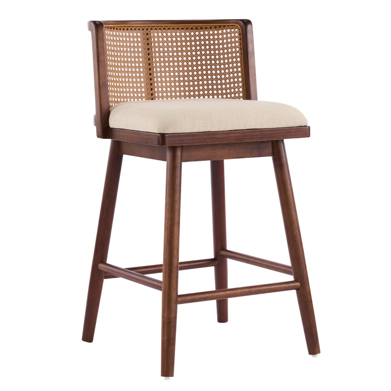 Woven Rattan Counter Chairs with Padded Upholstered Seat, Counter Height Bar Stools with Durable Frame, 19.5'' L x 21'' W x 35'' H, Beige+Walnut