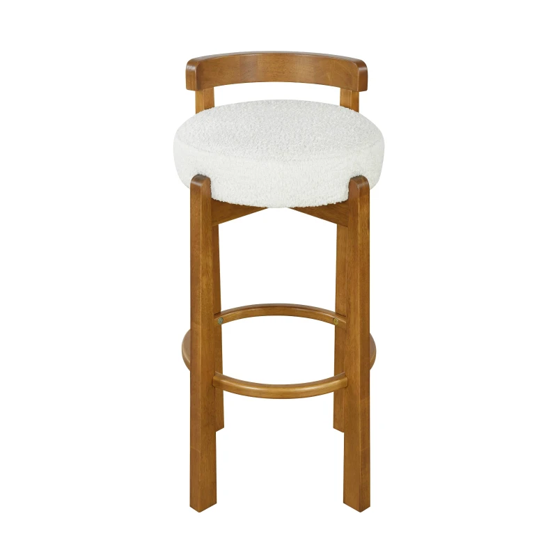 Modern Round Seat Bar Stools with Ergonomic Curved Backrest, Sherpa Padded Chairs with Integrated Footrest, 16'' L x 16.5'' W x 34'' H, Walnut+White
