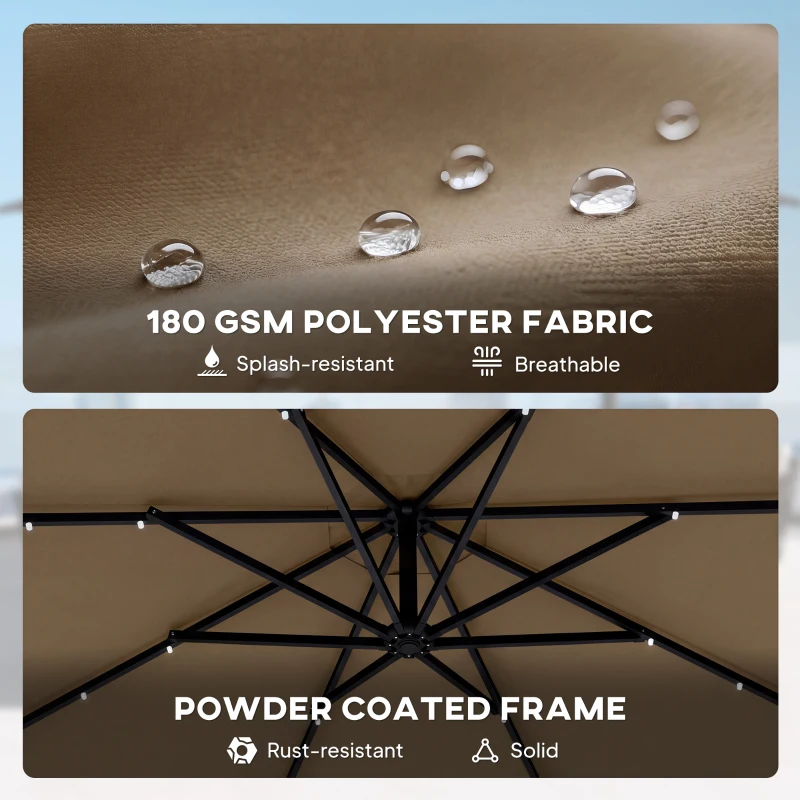 Outsunny 10 ft Cantilever Patio Umbrella with Light, Weight, Offset Hanging Outdoor Umbrella with Protective Cover, Tan