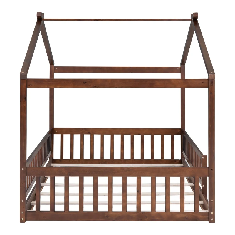 Full Size Wood House Bed with Roof and Fence, Sturdy Pinewood Bed Frame for Kids and Teens, 79.5" L x 57" W x 63" H, Walnut