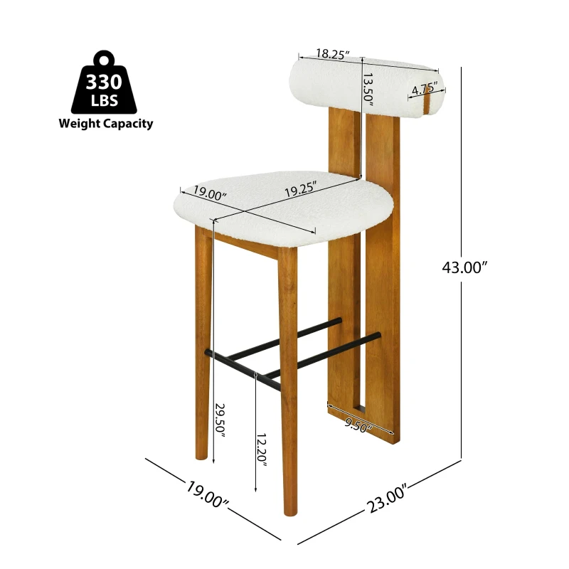 Modern Bar Stool Set of 2 with Premium Rubber Wood Frame, Indoor Bar Chairs with Ergonomic Cylindrical Backrest, 19'' L x 23'' W x 43'' H, Walnut+White