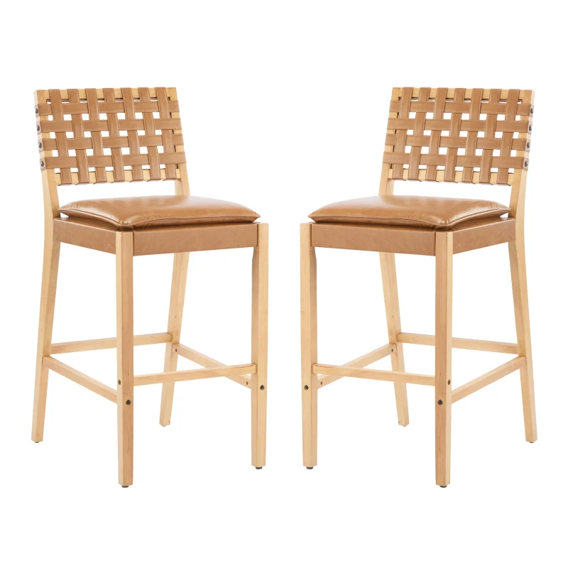 Modern Bar Stools with Hand‑Woven PU Back, Strap-Back Bar Chairs with Padded PU Seat, 18'' L x 21.5'' W x 40.5'' H, Brown+Natural