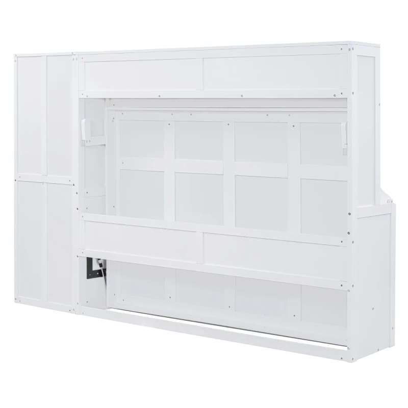 Space-Saving Full Size Murphy Wall Bed with Integrated Shelf, Customizable Bed Frame with Closet and 2 Drawers, 107.5" L x 58" W x 72" H, White