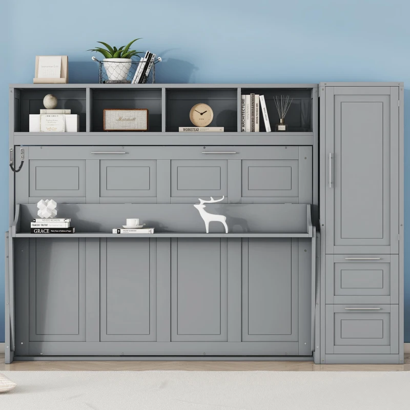 Space-Saving Full Size Murphy Wall Bed with Integrated Shelf, Customizable Bed Frame with Closet and 2 Drawers, 107.5" L x 58" W x 72" H, Gray
