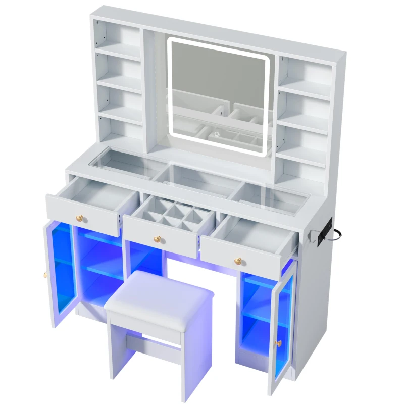 Aesthetic Makeup Vanity Desk with LED Mirror and Adjustable RGB Lights, Spacious Makeup Vanity with 6 Drawers, 44.5" L x 15.5" W x 55" H, White