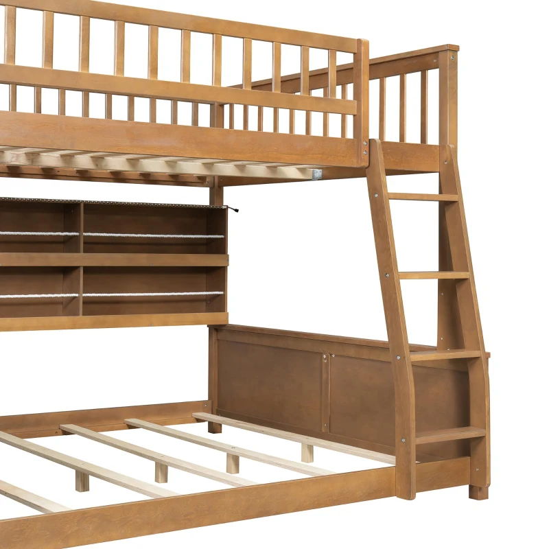 Full XL Over Queen Bunk Bed with Bulit-In Storage Shelf and Safety Rope, Useful Bed Frame with Pegboard Side Panel, 83.5" L x 62.5" W x 59" H, Brown