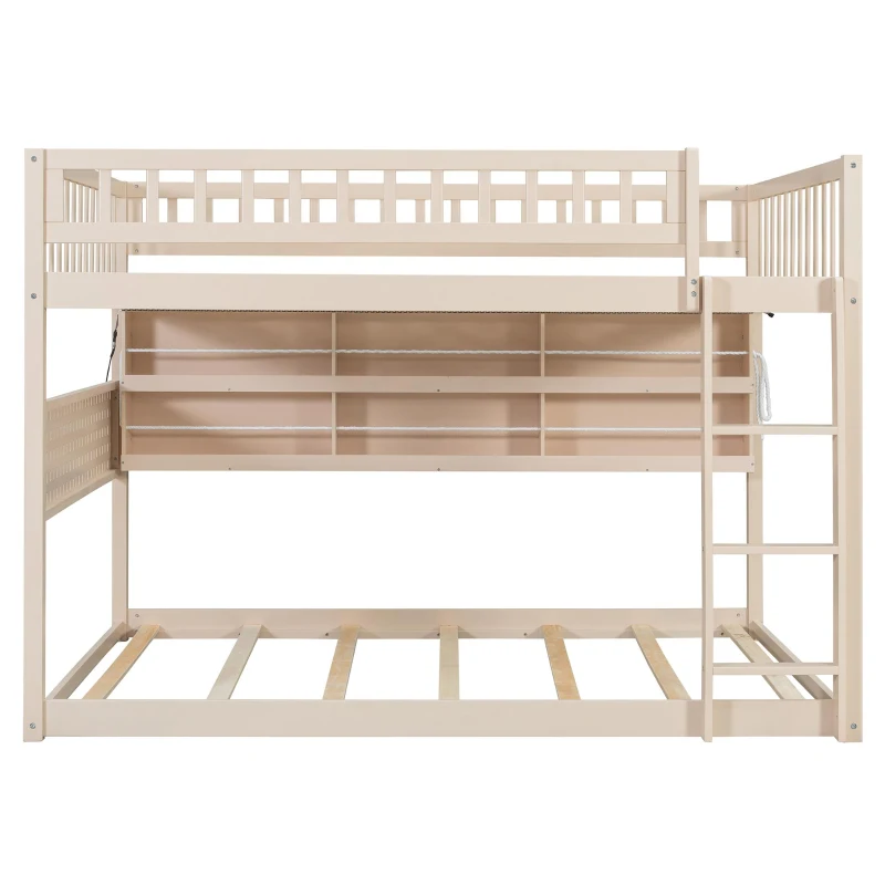 Full Over Full Bunk Bed with Convenient Storage Headboard, Unique Bed Frame with Multi-Color Light Strip, 79" L x 57.5" W x 57" H, Beige