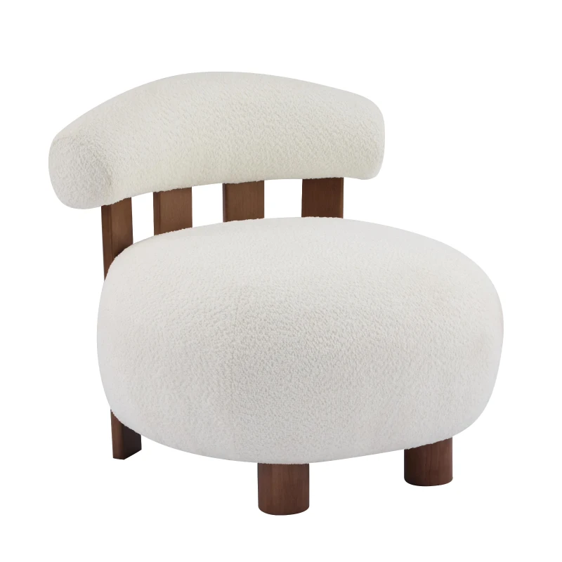 Modern Bouclé Fabric Accent Chair with Curved Backrest, Cozy Lounge Seating with Solid Birch Wood Frame, 29'' L x 31'' W x 29'' H, Off White+Walnut