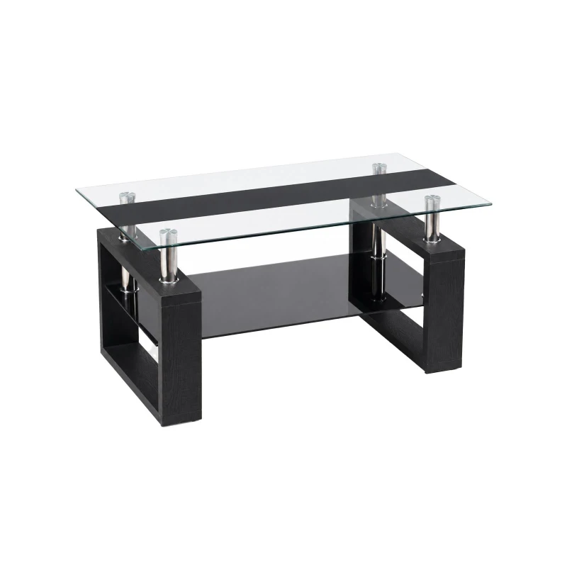 Modern Glass Coffee Table with Wood-Grain MDF Legs, Minimalist Center Table with 2-Tier Storage, 34.5'' L x 18.5'' W x 17.5'' H, Black