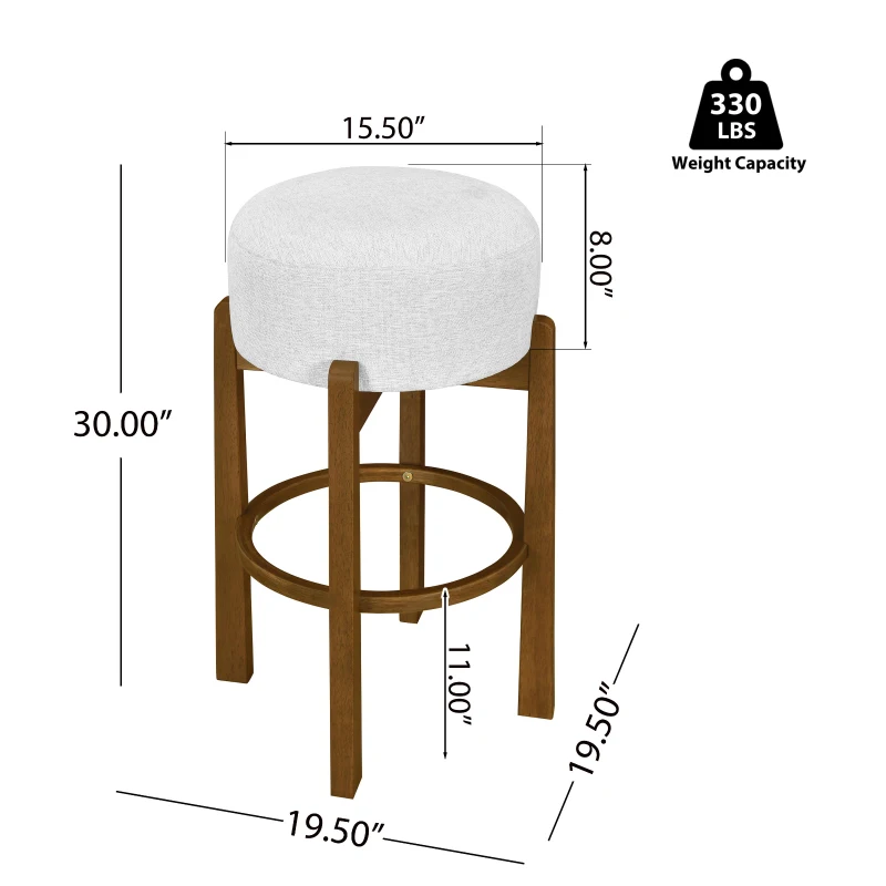Indoor Round Seat Bar Stools with Solid Rubberwood Frame, Non-Swivel Bar Chairs with Padded Upholstered Seat, 19.5'' L x 19.5'' W x 30'' H, Ivory+Walnut