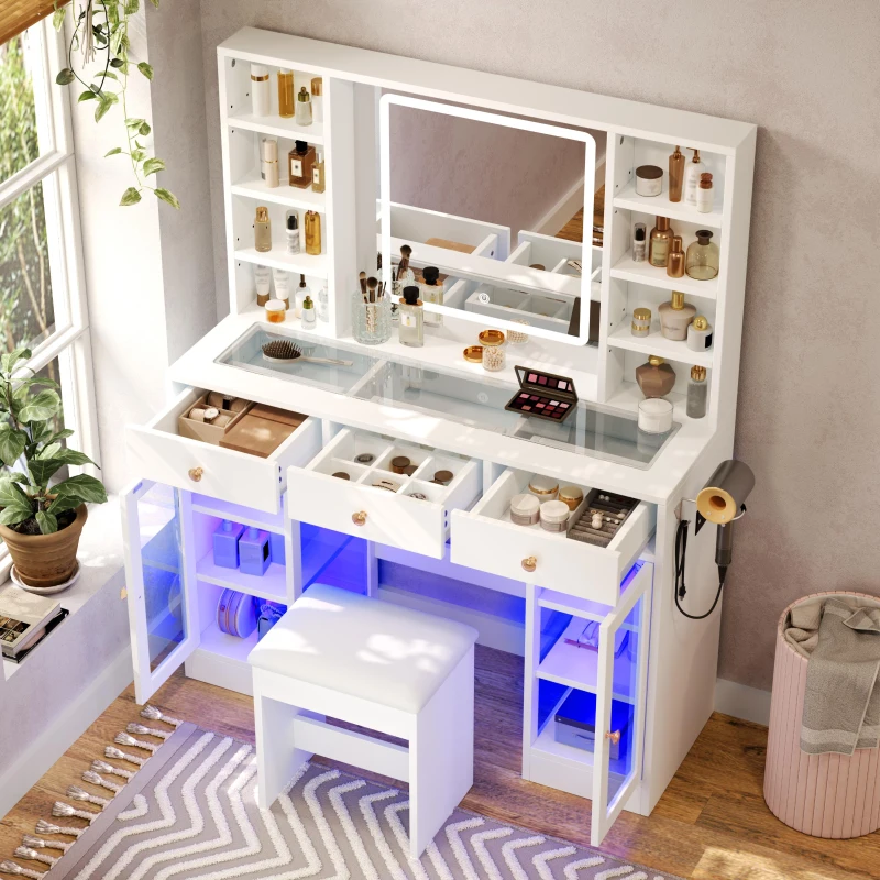 Aesthetic Makeup Vanity Desk with LED Mirror and Adjustable RGB Lights, Spacious Makeup Vanity with 6 Drawers, 44.5" L x 15.5" W x 55" H, White