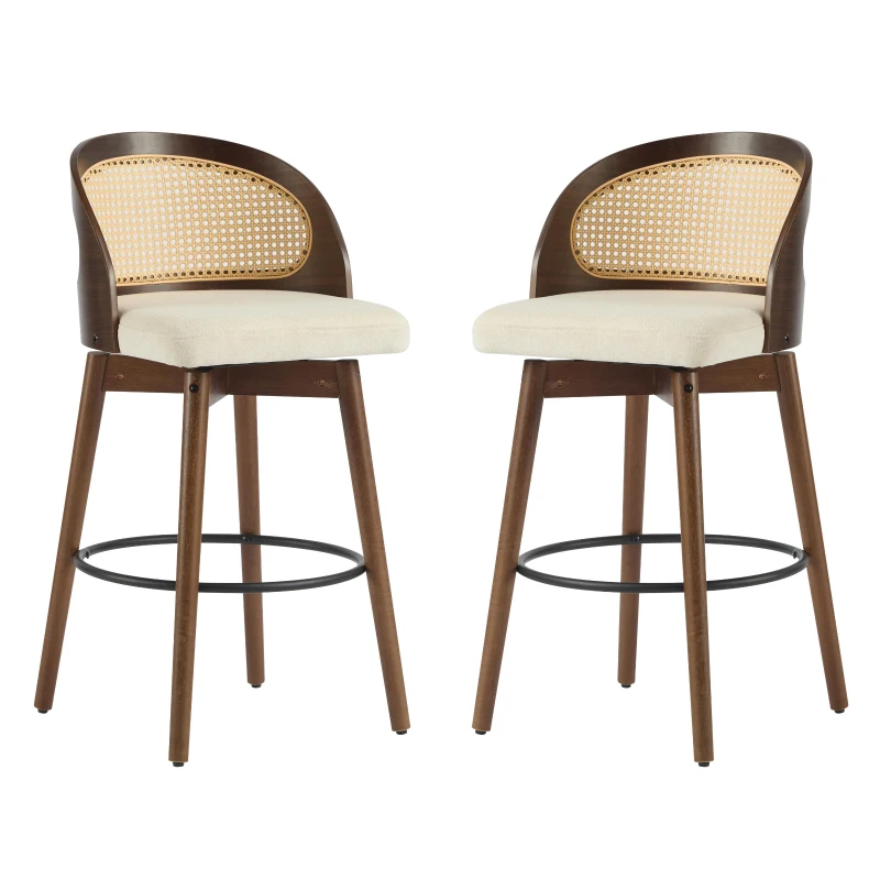 Swivel Bar Chairs with Ergonomic Curved Back, Cozy Stools with Hand‑Woven PE Cane Back, 18" L x 19" W x 35.5" H, Beige+Walnut