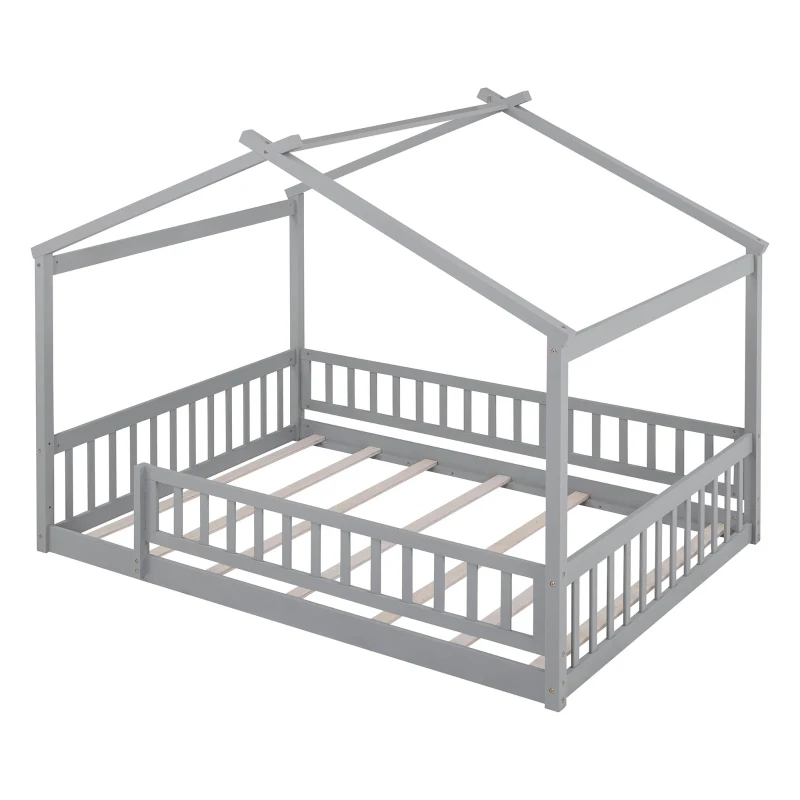 Full Size Wood House Bed with Roof and Fence, Sturdy Pinewood Bed Frame for Kids and Teens, 79.5" L x 57" W x 63" H, Gray