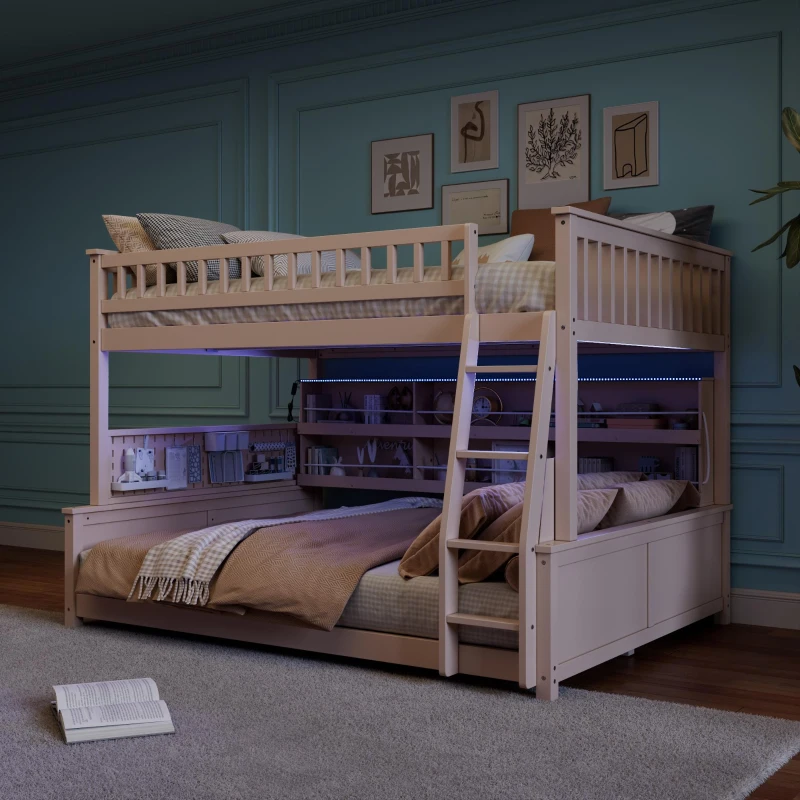 Full XL Over Queen Bunk Bed with Built-In Storage Shelf and Safety Rope, Useful Bed Frame with Pegboard Side Panel, 83.5" L x 62.5" W x 59" H, Beige