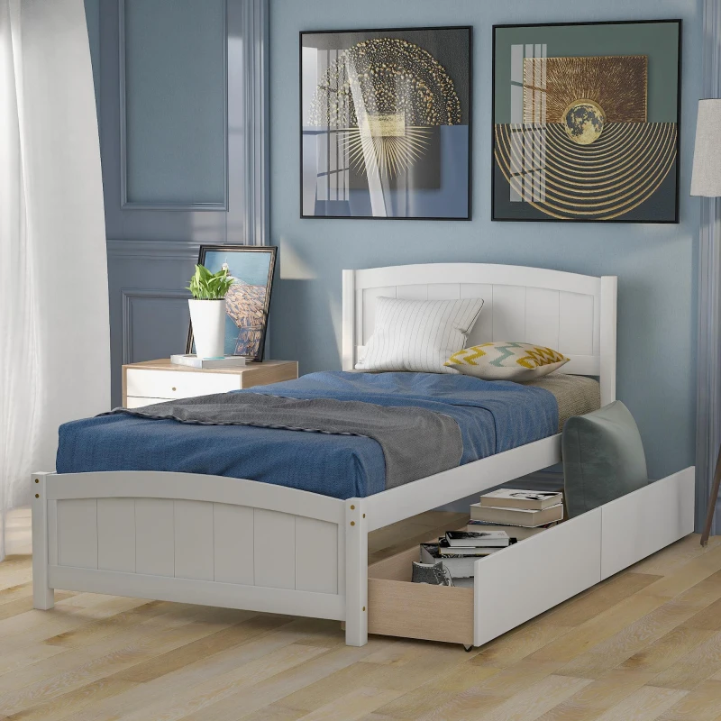 Solid Twin Wood Platform Bed with Strong Pine Legs and Durable Material, Bunk Bed with 2 Drawers Below, 79.5" L x 41.5" W x 37.5" H , White