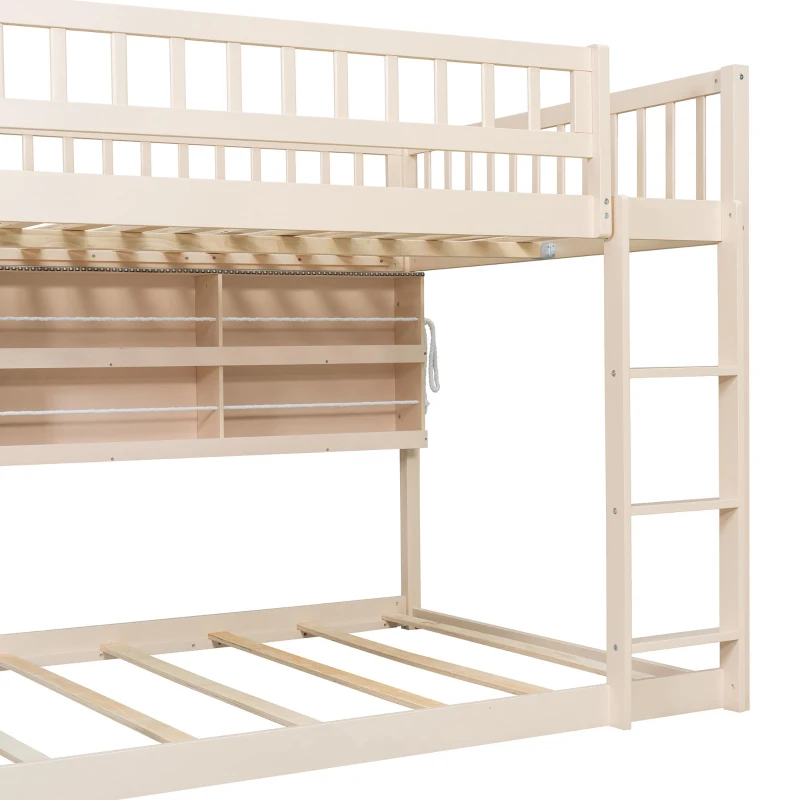 Full Over Full Bunk Bed with Convenient Storage Headboard, Unique Bed Frame with Multi-Color Light Strip, 79" L x 57.5" W x 57" H, Beige