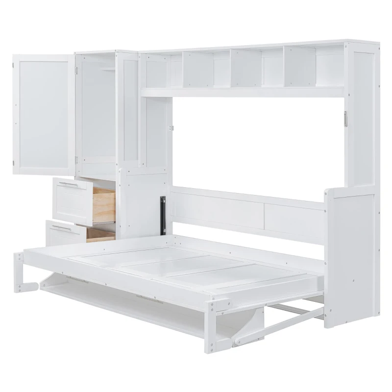 Queen Size Murphy Wall Bed with Storage Shelf, Space‑Saving Bed Frame with Integrated Closet and 2 Drawers, 112" L x 65" W x 78.5" H, White