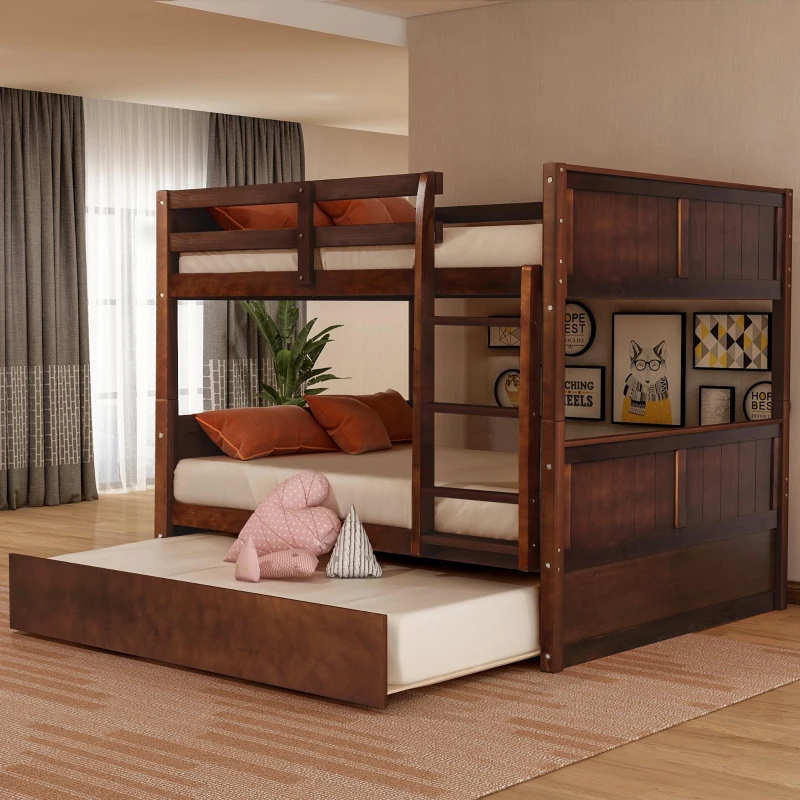Full-Over-Full Bunk Bed with Pullout Trundle, Space-Saving Bed Frame with 2 Separate Beds, 79.5" L x 57" W x 60" H, Walnut