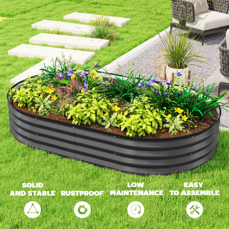Outsunny 5' x 3' x 1' Large Outdoor Planter Box, Galvanized Raised Garden Bed with Metal Plant Stake, Dark Grey