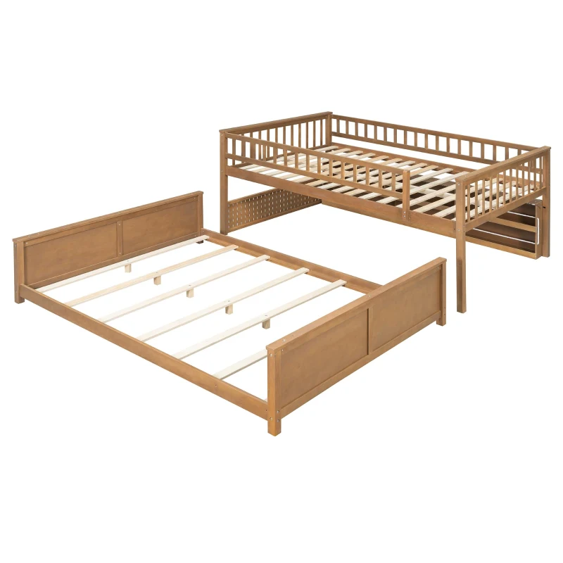 Full XL Over Queen Bunk Bed with Bulit-In Storage Shelf and Safety Rope, Useful Bed Frame with Pegboard Side Panel, 83.5" L x 62.5" W x 59" H, Brown