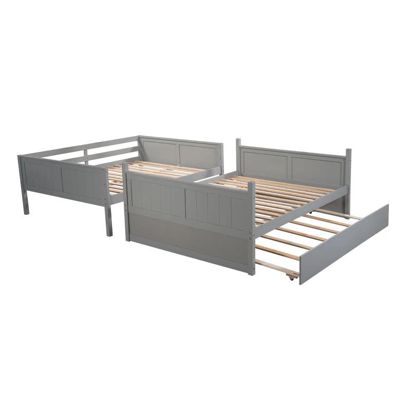 Full-Over-Full Bunk Bed with Space-Saving Pullout Trundle, Space-Saving Bed Frame with 2 Separate Beds, 79.5" L x 57" W x 60" H, Gray
