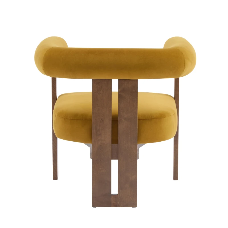 Round Arm Accent Chair with Velvet Upholstery, Curved Backrest Armchair with Solid Birch Wood Base, 31'' L x 29'' W x 30'' H, Mustard Yellow+Walnut
