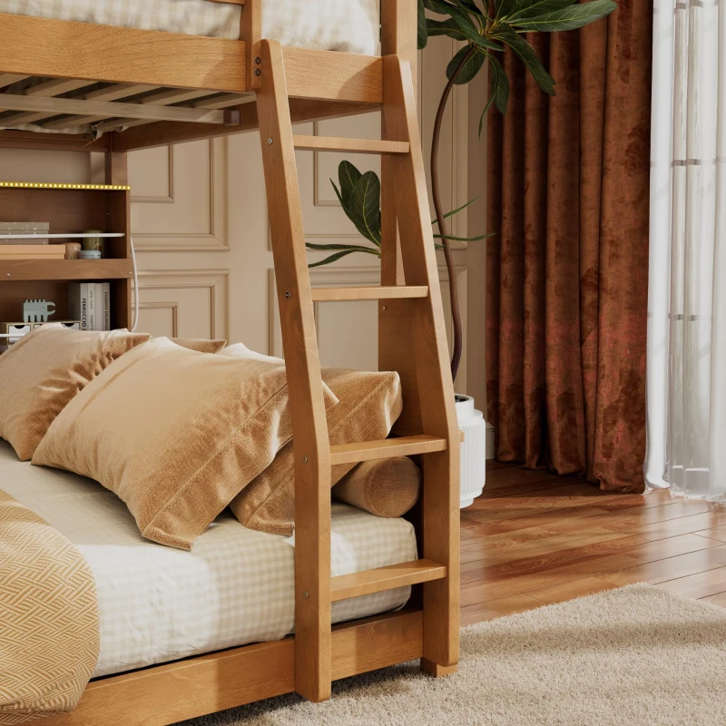 Full XL Over Queen Bunk Bed with Bulit-In Storage Shelf and Safety Rope, Useful Bed Frame with Pegboard Side Panel, 83.5" L x 62.5" W x 59" H, Brown