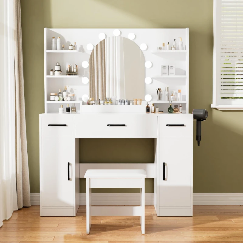 Large Makeup Vanity Desk with 6 Open Shelves and 3 Drawers, Functional Makeup Vanity with Dimmable LED Mirror, 44.5" L x 14" W x 55" H, White