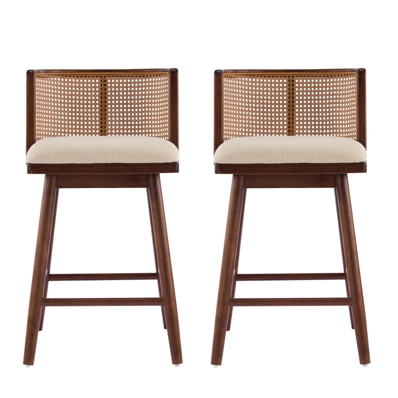 Woven Rattan Counter Chairs with Padded Upholstered Seat, Counter Height Bar Stools with Durable Frame, 19.5'' L x 21'' W x 35'' H, Beige+Walnut