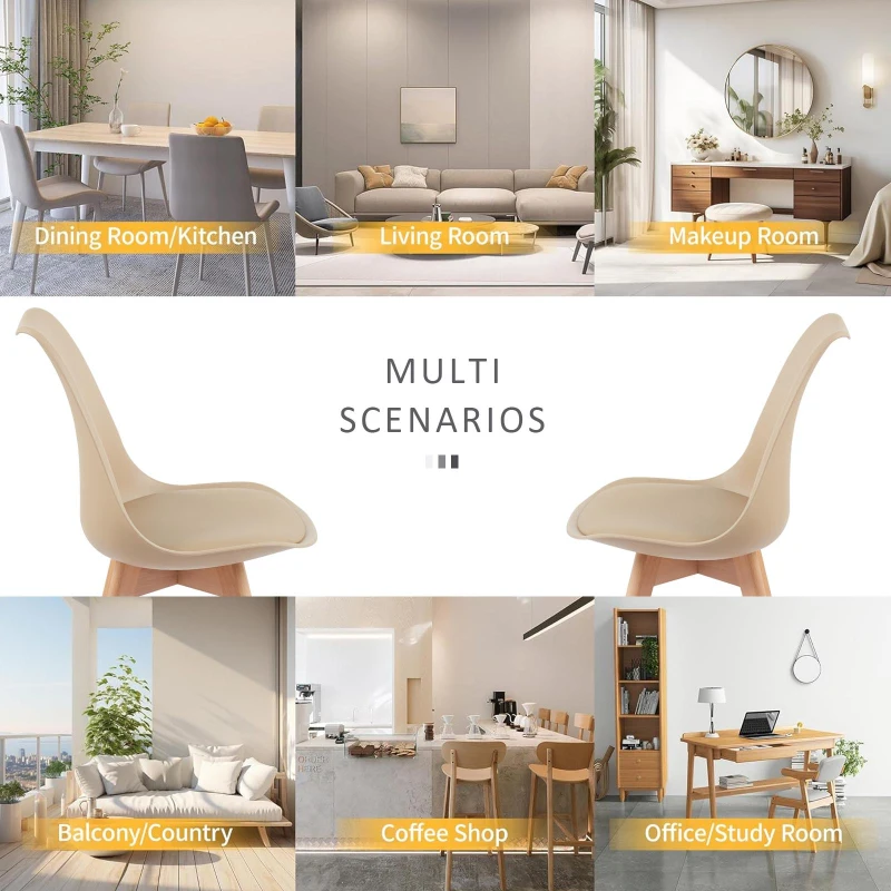 Modern Dining Chairs with Ergonomic High-Density Foam Backrest, Wooden-Legged Side Chairs with PU Leather Upholstery, 19.5L x 16.5W x 32H, khaki