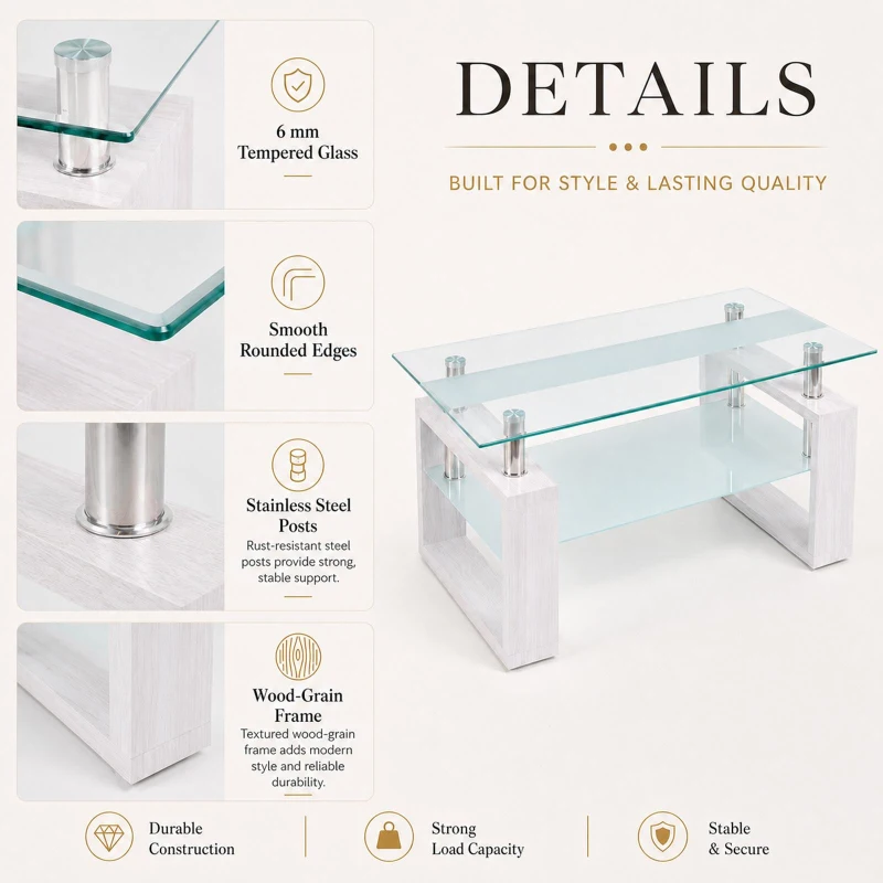 Modern Glass Coffee Table with Wood-Grain MDF Legs, Minimalist Center Table with 2-Tier Storage, 34.5'' L x 18.5'' W x 17.5'' H, Transparent+White