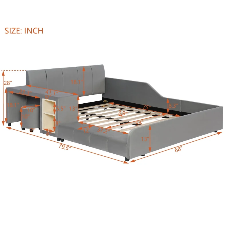 Full Size Upholstered Platform Bed with Bedside Desk and Stool, Cozy Bed Frame with Streamlined Structure, 79.5" L x 68" W x 28" H, Gray