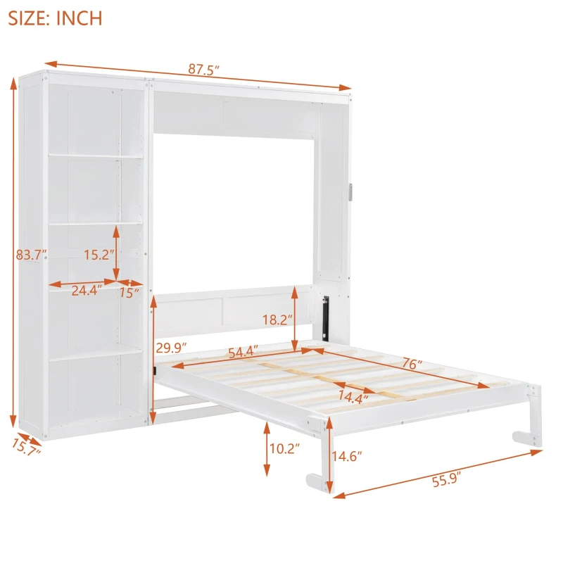 Space-Saving Murphy Bed with 5-layer Folded Cabinet, Solid Murphy Bed Frame with 600 lbs Weight Capacity, 87.5" L x 15.5" W x 83.5" H, White