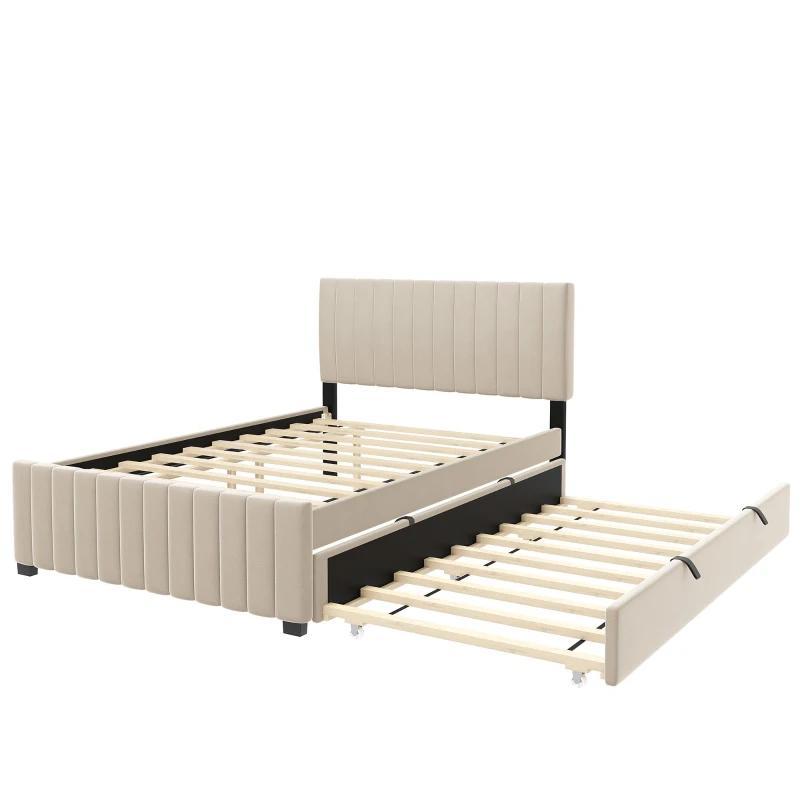 Space-Saving Full Size Upholstered Platform Bed with Twin-Size Trundle, Solid Bed Frame with 10 Reinforced Slats, 80" L x 58" W x 46" H, Beige