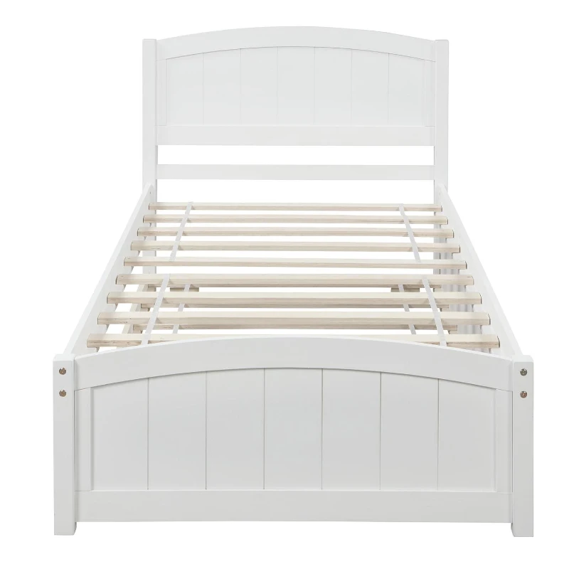 Space-Savimg Twin Size Wood Platform Bed with Roll-Out Trundle, Solid Bed Frame with 10 Supporting Slats, 79.5" L x 41.5" W x 37.5" H, White