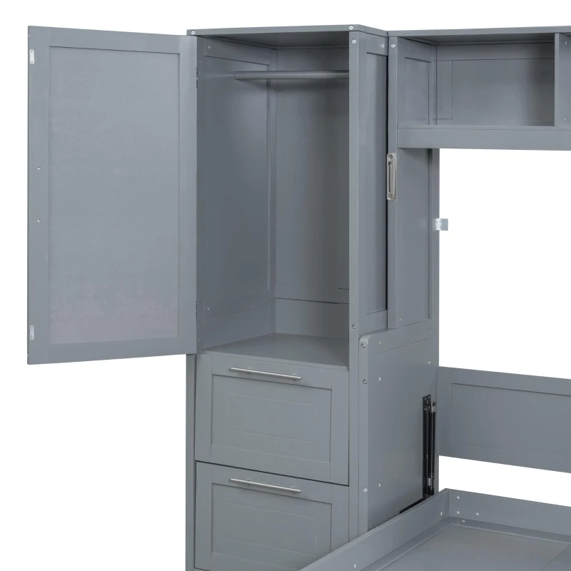 Space-Saving Full Size Murphy Wall Bed with Integrated Shelf, Customizable Bed Frame with Closet and 2 Drawers, 107.5" L x 58" W x 72" H, Gray