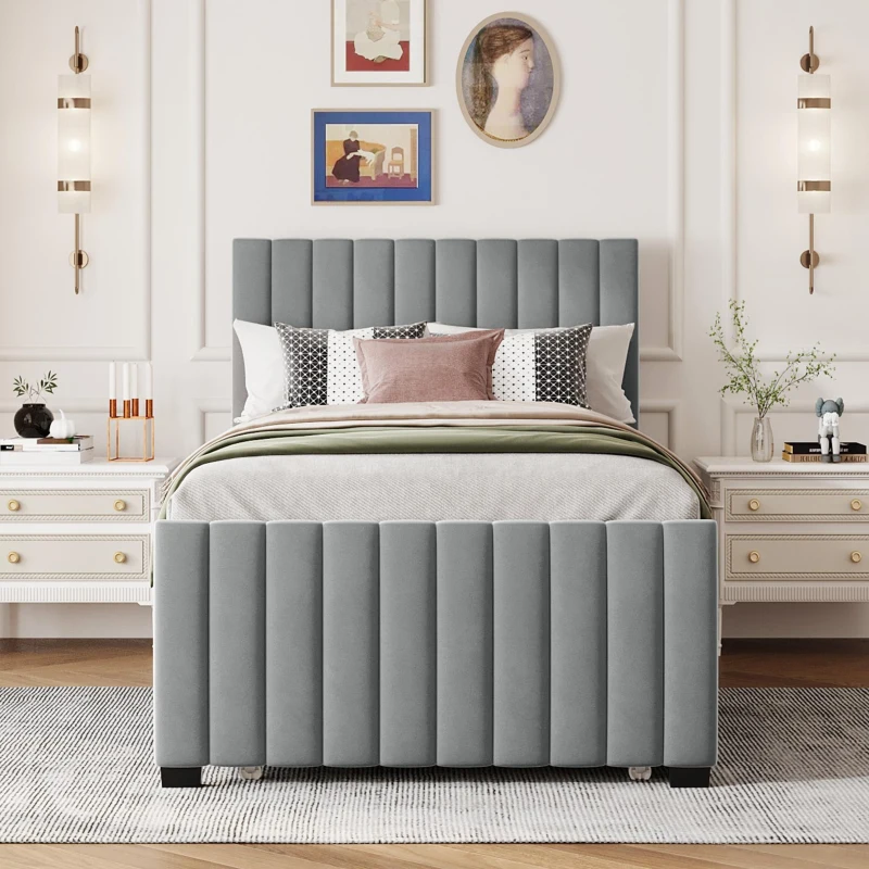 Space-Saving Twin Size Upholstered Platform Bed with Trundle Under Bed, Cozy Bed Frame with Velvet Fabric, 80" L x 41.5" W x 42.5" H, Gray