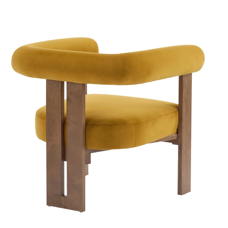 Round Arm Accent Chair with Velvet Upholstery, Curved Backrest Armchair with Solid Birch Wood Base, 31'' L x 29'' W x 30'' H, Mustard Yellow+Walnut