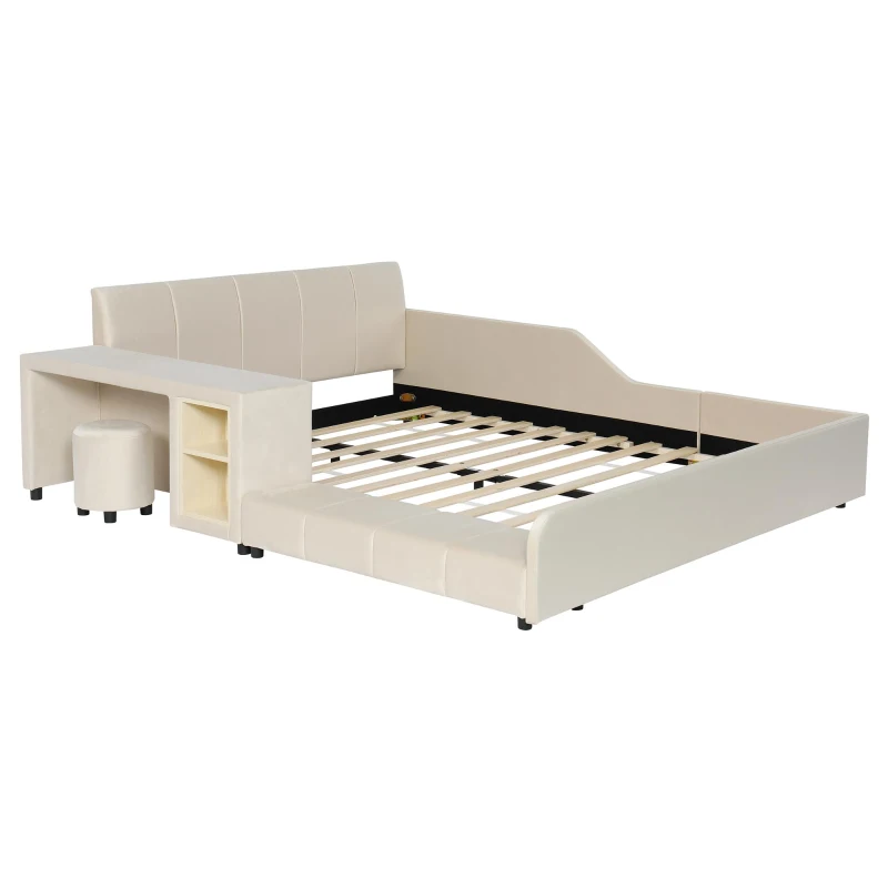 Queen-Size Upholstered Platform Bed with Bedside Desk and Stool, Cozy Bed Frame with Streamlined Structure, 84.5" L x 74" W x 28" H, Beige