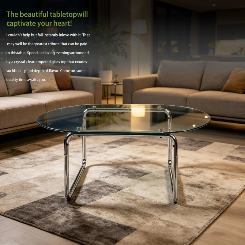 Curved Tempered Glass Coffee Table with Fingerprint-Resistant Top, Minimalist Center Table with Metal Legs, 35.5'' L x 23.5'' W x 15'' H, Transparent