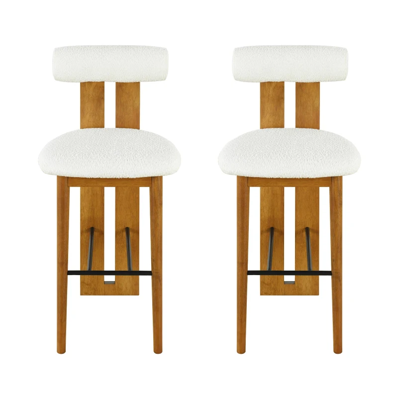 Modern Bar Stool Set of 2 with Premium Rubber Wood Frame, Indoor Bar Chairs with Ergonomic Cylindrical Backrest, 19'' L x 23'' W x 43'' H, Walnut+White