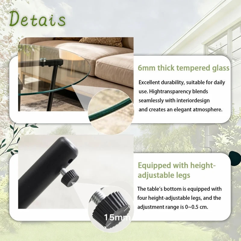 Round Tempered Glass Coffee Table with Solid Iron Legs, Modern Center Table with Stable Frame, 27.5'' L x 27.5'' W x 14.5'' H, Black+Transparent