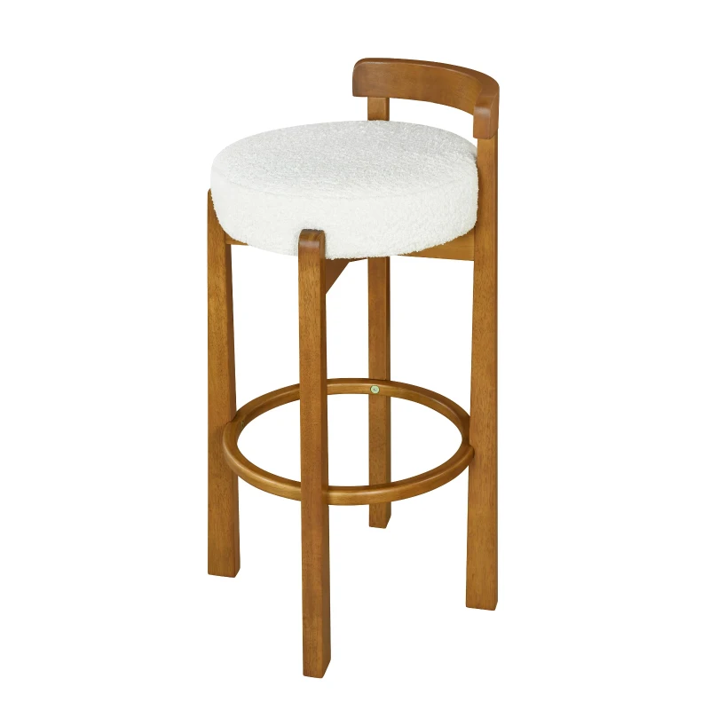 Modern Round Seat Bar Stools with Ergonomic Curved Backrest, Sherpa Padded Chairs with Integrated Footrest, 16'' L x 16.5'' W x 34'' H, Walnut+White