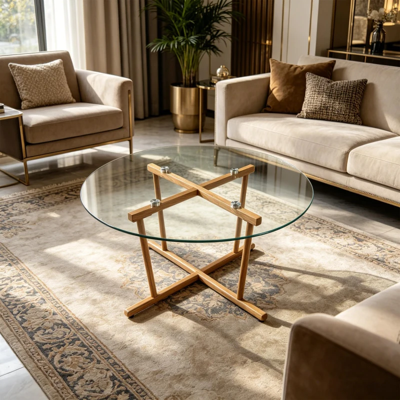Round Tempered Glass Coffee Table with Solid Iron Legs, Modern Center Table with Stable Frame, 27.5'' L x 27.5'' W x 14.5'' H, Natural+Transparent