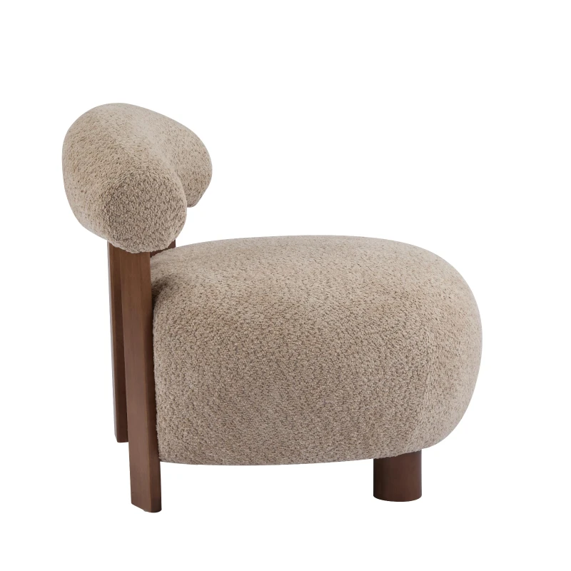 Modern Bouclé Fabric Accent Chair with Curved Backrest, Cozy Lounge Seating with Solid Birch Wood Frame, 29'' L x 31'' W x 29'' H, Light Brown+Walnut