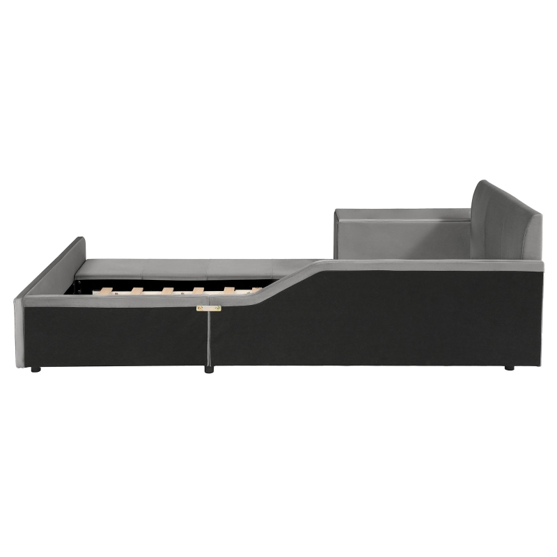 Queen-Size Upholstered Platform Bed with Bedside Desk and Stool, Cozy Bed Frame with Streamlined Structure, 84.5" L x 74" W x 28" H, Gray