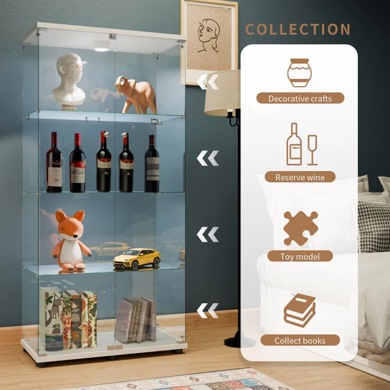 Solid Glass Floor-Standing Showcase with Built-In LED Lighting, LED Glass Display Cabinet with Lockable Doors, 31.5'' L x 14.5'' W x 64.5'' H, White