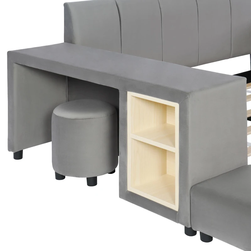 Full Size Upholstered Platform Bed with Bedside Desk and Stool, Cozy Bed Frame with Streamlined Structure, 79.5" L x 68" W x 28" H, Gray