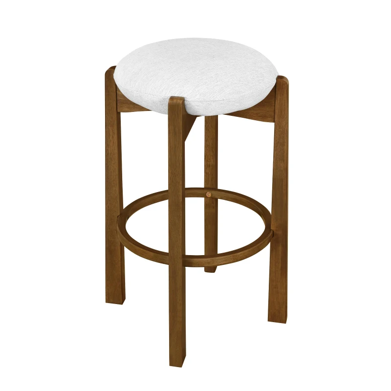 Indoor Bar Stools with Solid Rubberwood Frame, Non-Swivel Bar Chairs with Upholstered Round Seat, 19.5'' L x 19.5'' W x 30'' H, Ivory+Walnut
