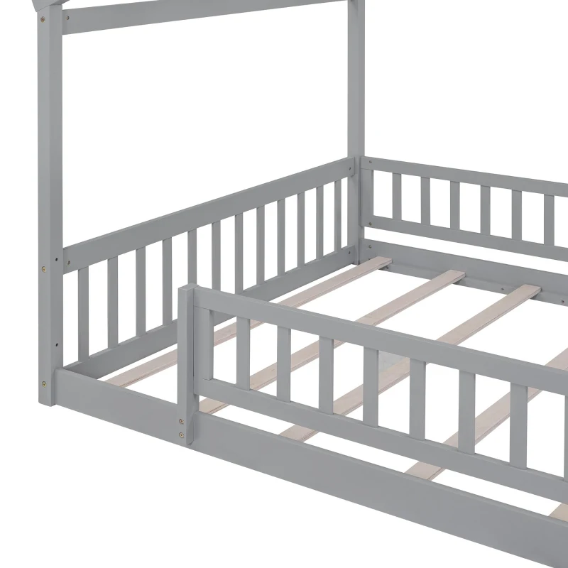 Full Size Wood House Bed with Roof and Fence, Sturdy Pinewood Bed Frame for Kids and Teens, 79.5" L x 57" W x 63" H, Gray